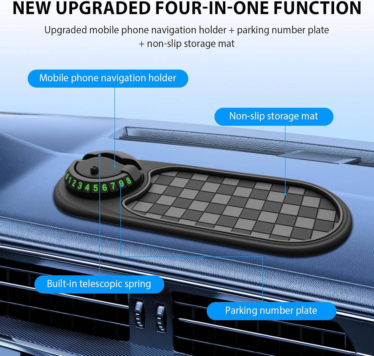 Dashboard Car Phone Holder with Telescopic Spring Grip and Storage Compartments, 360 Degree Rotation