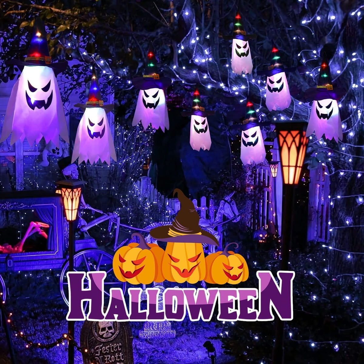 Multicolor LED Ghost String Lights 9.8ft with 5 Witch Hat Ghosts and Flash Modes