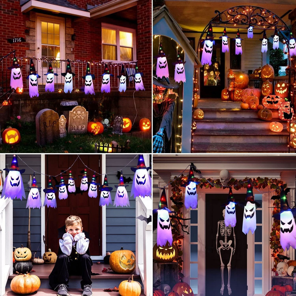 Multicolor LED Ghost String Lights 9.8ft with 5 Witch Hat Ghosts and Flash Modes