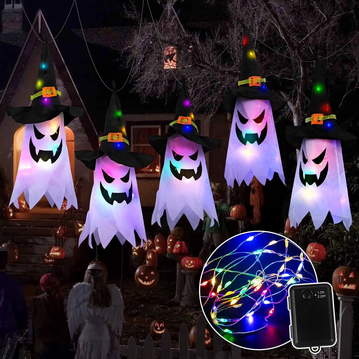 Multicolor LED Ghost String Lights 9.8ft with 5 Witch Hat Ghosts and Flash Modes