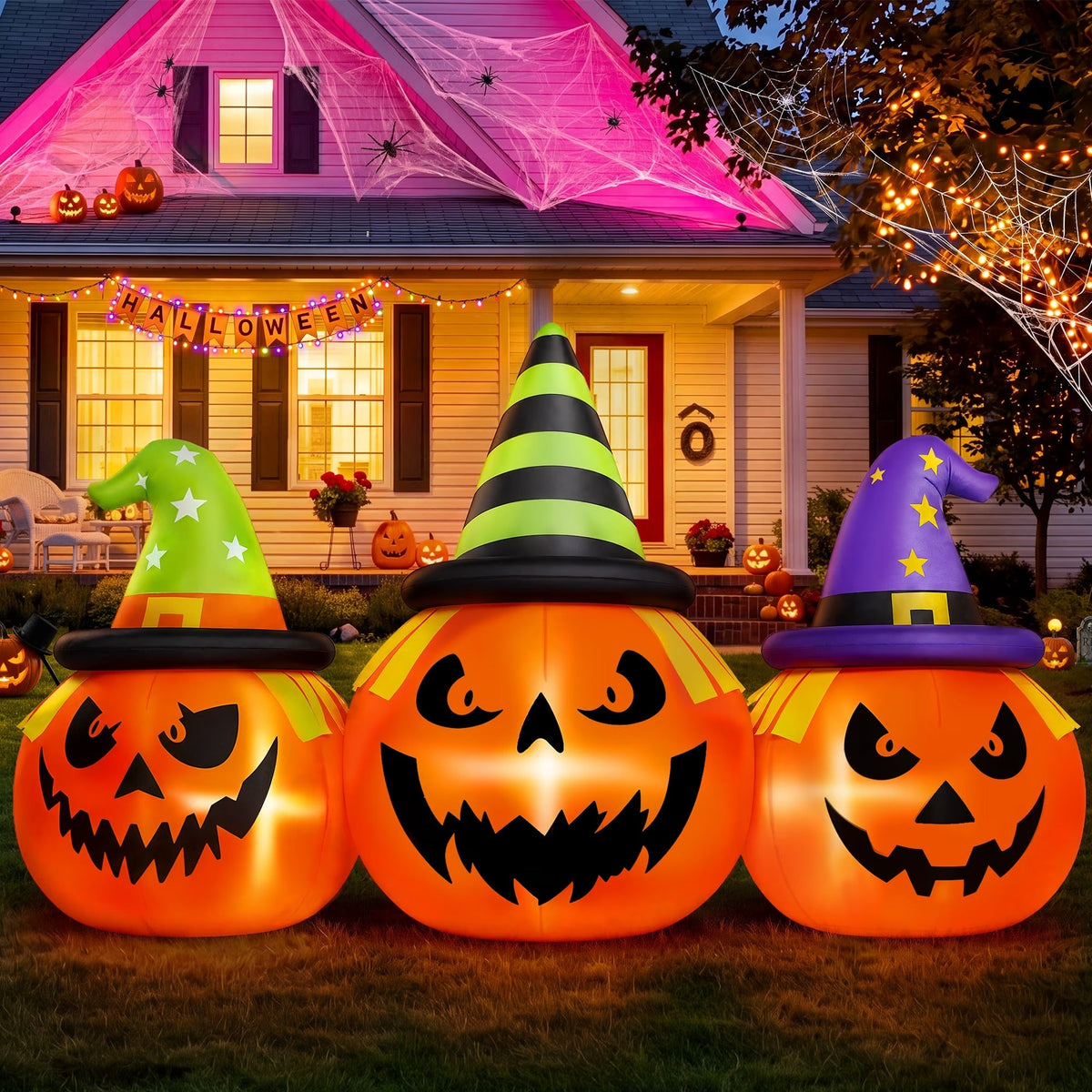 Halloween Inflatable Pumpkin Display with White LED Lights and Built-In Air Blower, 6 Feet Wide