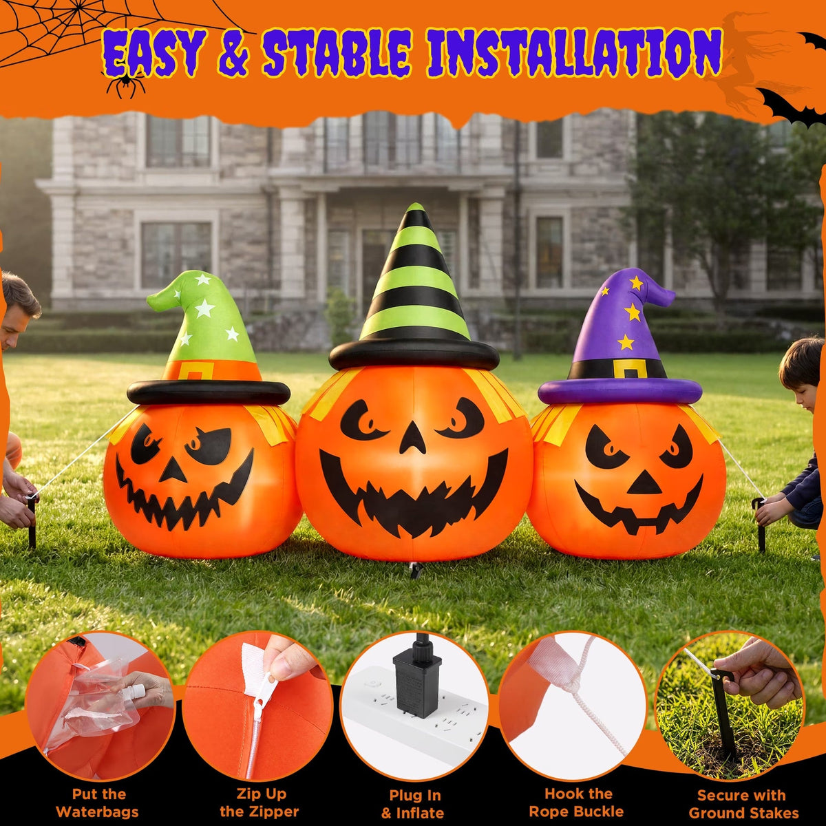 Halloween Inflatable Pumpkin Display with White LED Lights and Built-In Air Blower, 6 Feet Wide