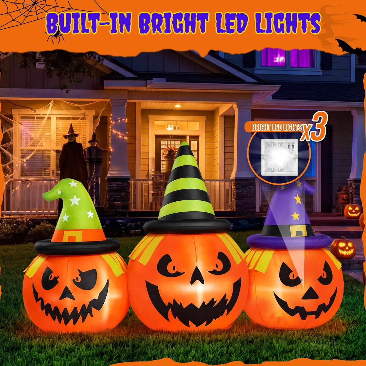 Halloween Inflatable Pumpkin Display with White LED Lights and Built-In Air Blower, 6 Feet Wide