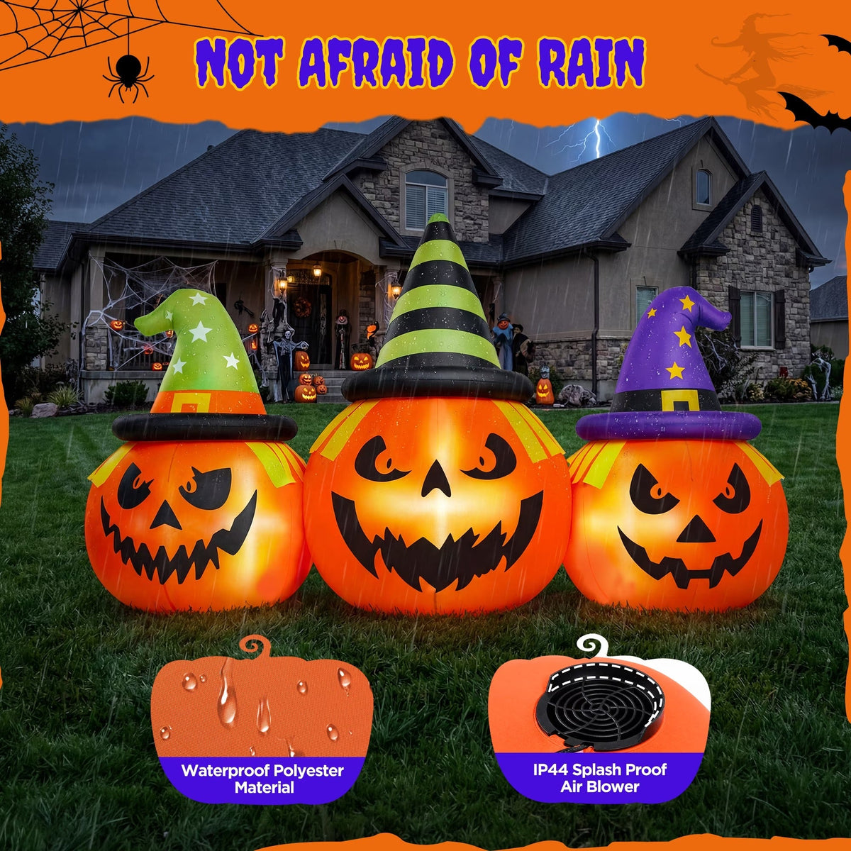 Halloween Inflatable Pumpkin Display with White LED Lights and Built-In Air Blower, 6 Feet Wide
