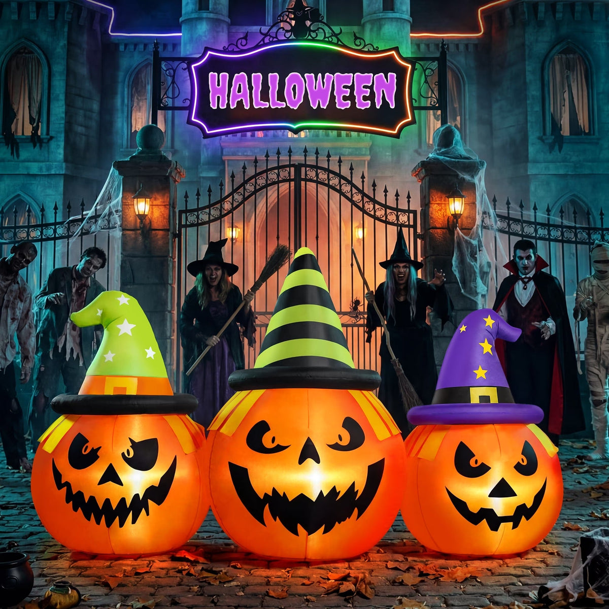 Halloween Inflatable Pumpkin Display with White LED Lights and Built-In Air Blower, 6 Feet Wide