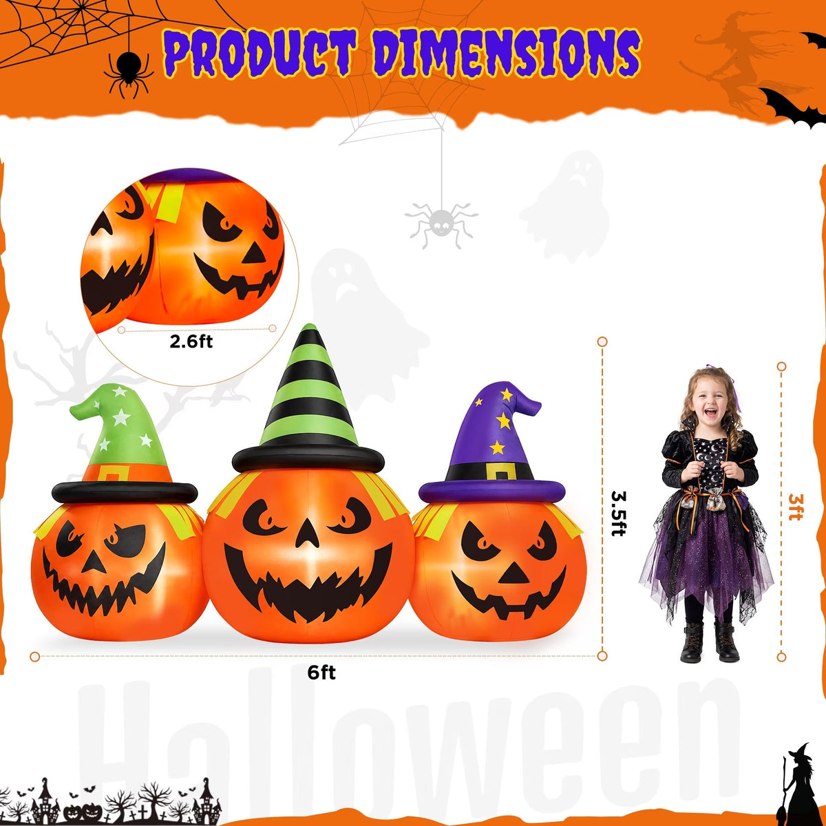 Halloween Inflatable Pumpkin Display with White LED Lights and Built-In Air Blower, 6 Feet Wide