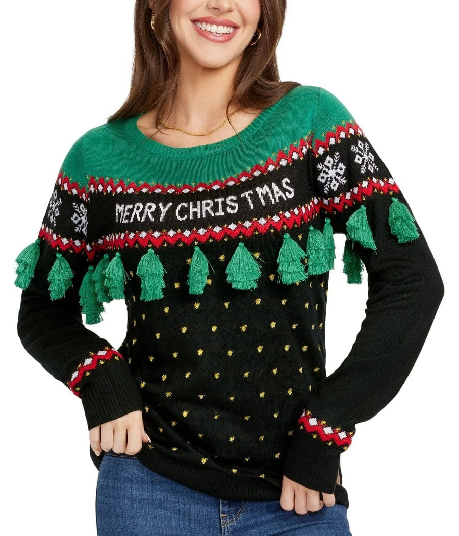 Plus Size Womens Christmas Tree Sweater Trimmed with Tassels in Green and Red