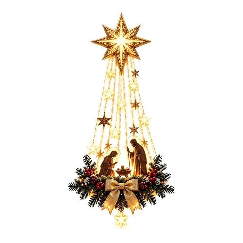 Nativity Scene Wall Ornament with Warm White LED Lights and Star Cutout