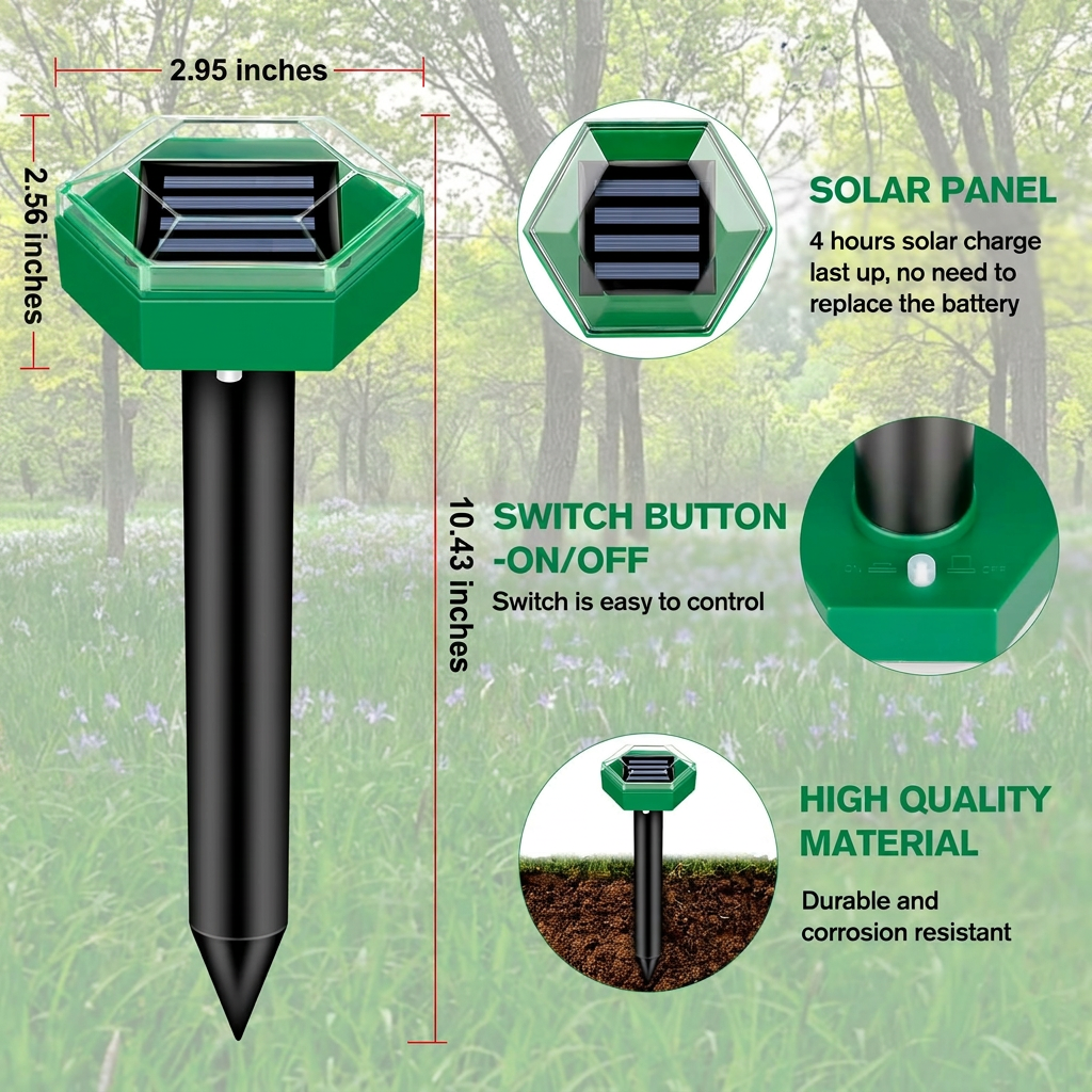 Solar Mole Repeller with Ultrasonic Pulse and Rechargeable Battery, 465 Sq Ft Coverage