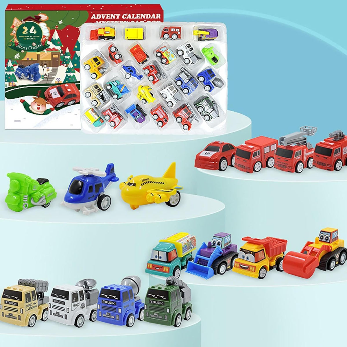 Christmas Advent Calendar with 24 Pull Back Mini Cars and Colorful Racing Vehicles