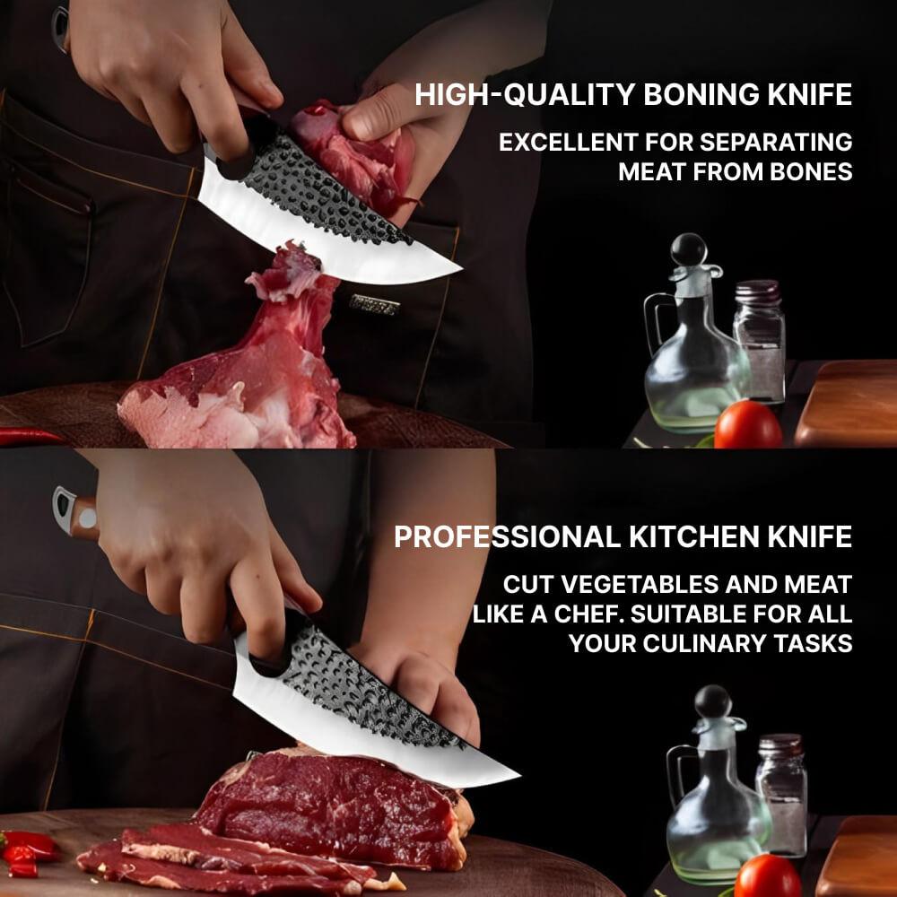 Alloy Chef Knife with Finger Notch Grip and Cherry Wood Handle
