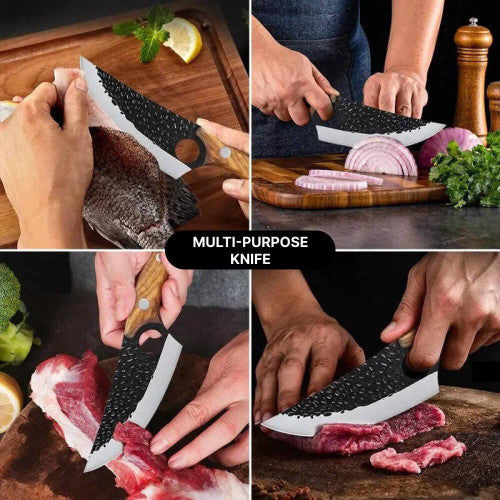 Alloy Chef Knife with Finger Notch Grip and Cherry Wood Handle