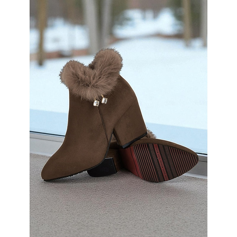 Womens Block Heel Ankle Boots with a Plush Collar, Pointed Toe and Side Zip in Brown or Black