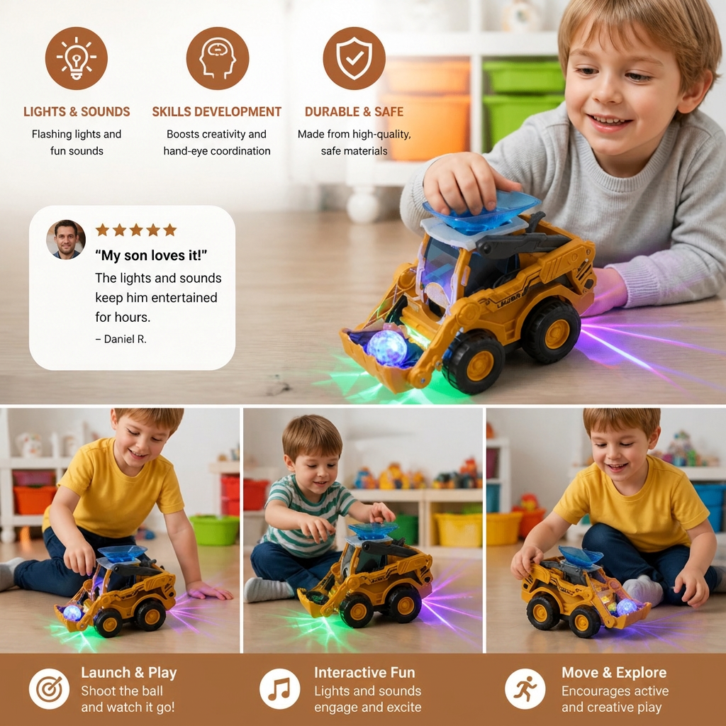 Light Up Bulldozer with Ball Launcher and Rolling Wheels for Kids