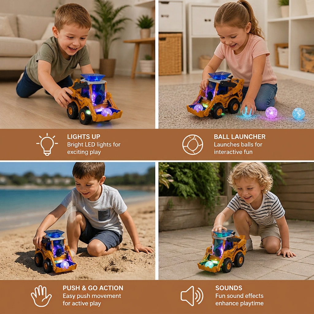 Light Up Bulldozer with Ball Launcher and Rolling Wheels for Kids