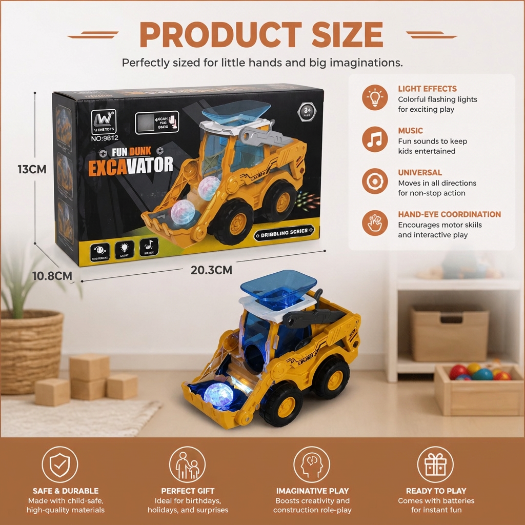 Light Up Bulldozer with Ball Launcher and Rolling Wheels for Kids