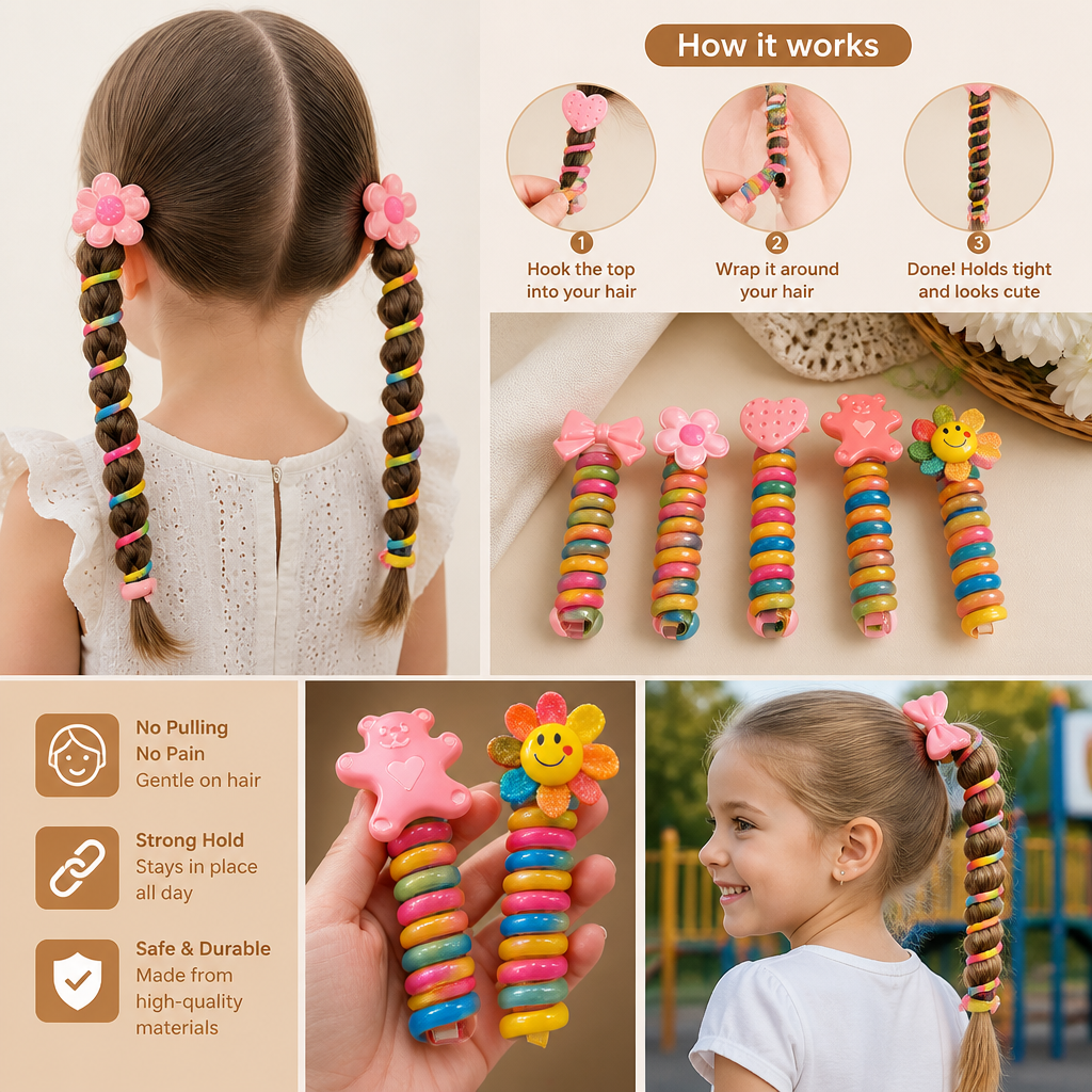 Spiral Hair Ties for Kids with Printed Character Designs and Grip Hold
