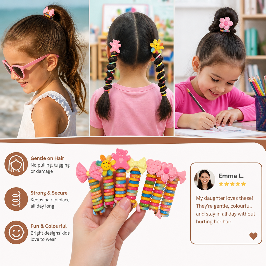 Spiral Hair Ties for Kids with Printed Character Designs and Grip Hold