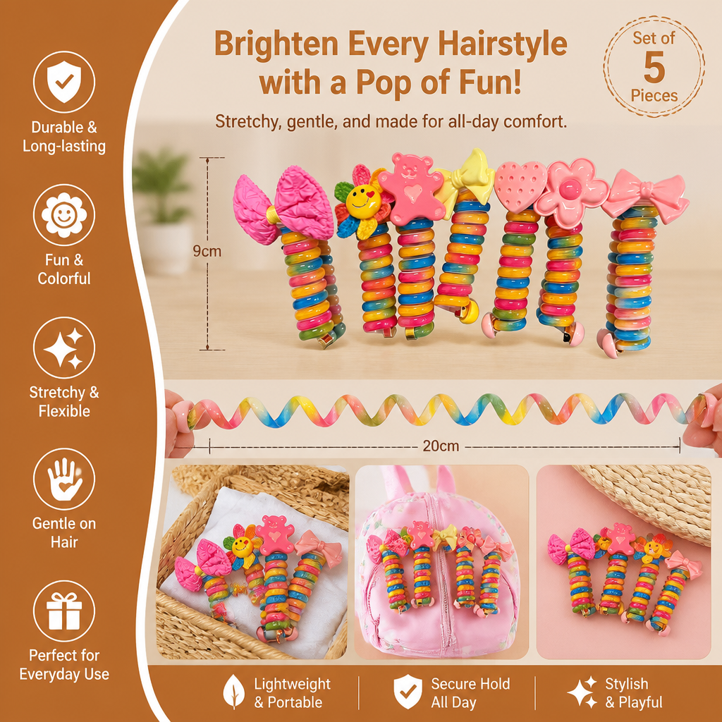 Spiral Hair Ties for Kids with Printed Character Designs and Grip Hold