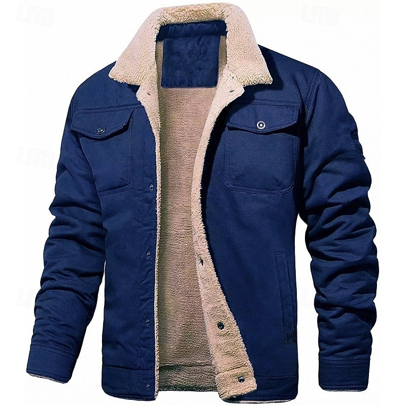 Plush Lined Trucker Jacket with Fold Down Collar and Four Pockets