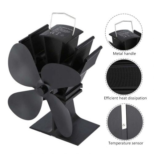 Wood Stove Fan with Thermoelectric Heat Generator and Auto Activation, 4-Blade Circulation