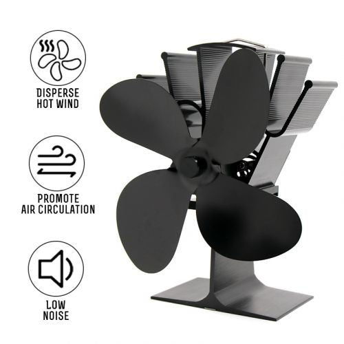 Wood Stove Fan with Thermoelectric Heat Generator and Auto Activation, 4-Blade Circulation