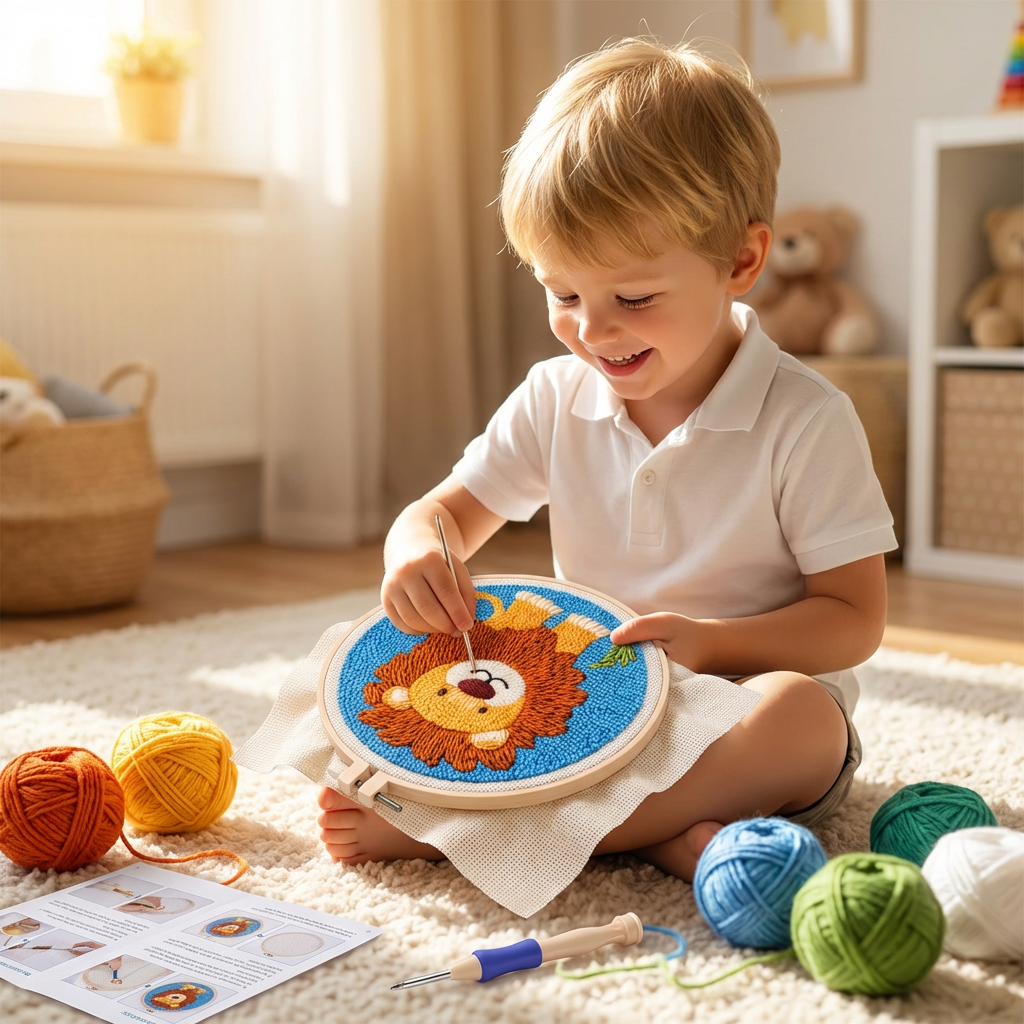 Punch Needle Embroidery Kit with Pre-Printed Fabric and Sorted Yarn for Beginners