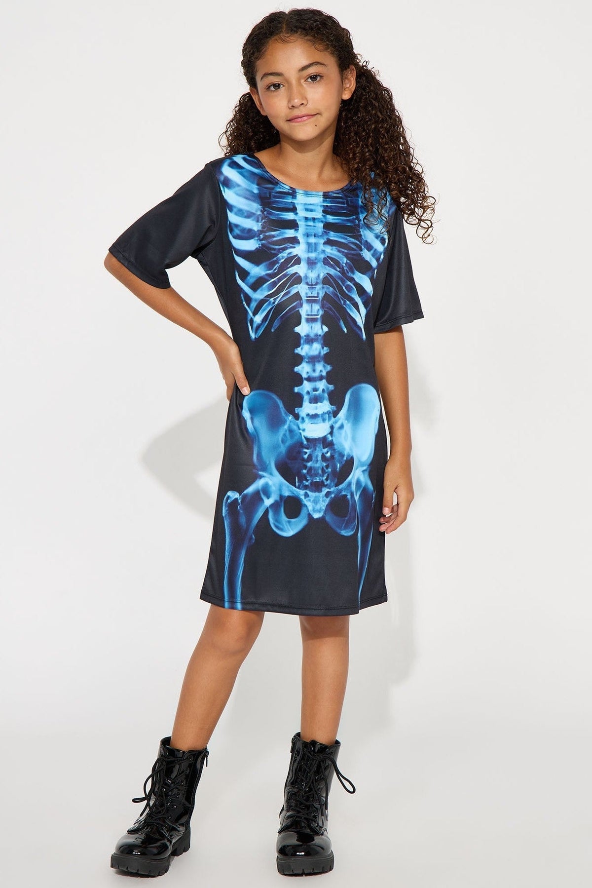 Skeleton Bone Print Dress for Kids with Crew Neck and Short Sleeves