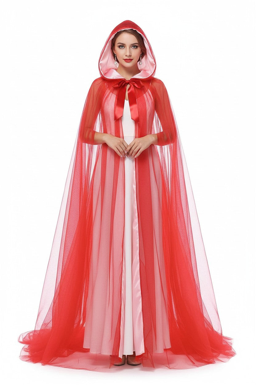 Mesh Tulle Hooded Cloak with Double Layer Hood and Neck Ties for Costumes All Vera Mart