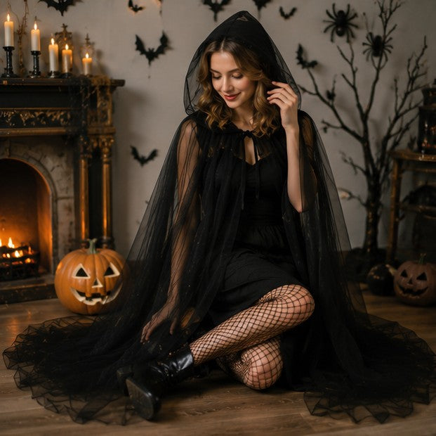 Mesh Tulle Hooded Cloak with Double Layer Hood and Neck Ties for Costumes All Vera Mart
