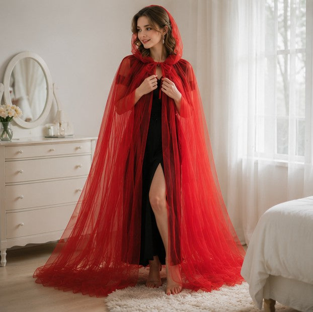 Mesh Tulle Hooded Cloak with Double Layer Hood and Neck Ties for Costumes All Vera Mart