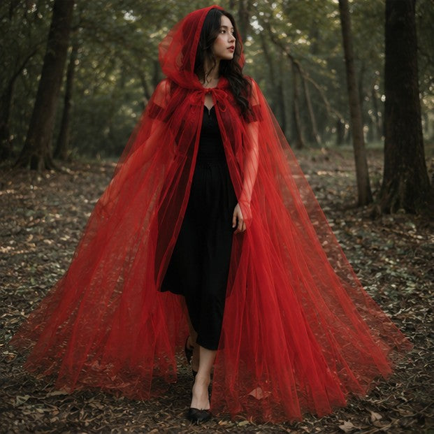 Mesh Tulle Hooded Cloak with Double Layer Hood and Neck Ties for Costumes All Vera Mart