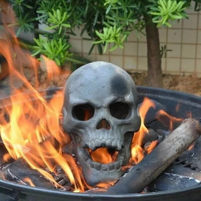 Ceramic Skull Fire Pit Log with Hollow Eye Openings for Halloween Displays