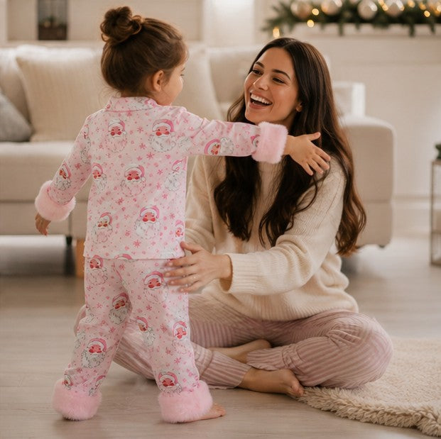 Festive Toddler Pajama Set with Fur Trim, Santa and Snowflake Prints