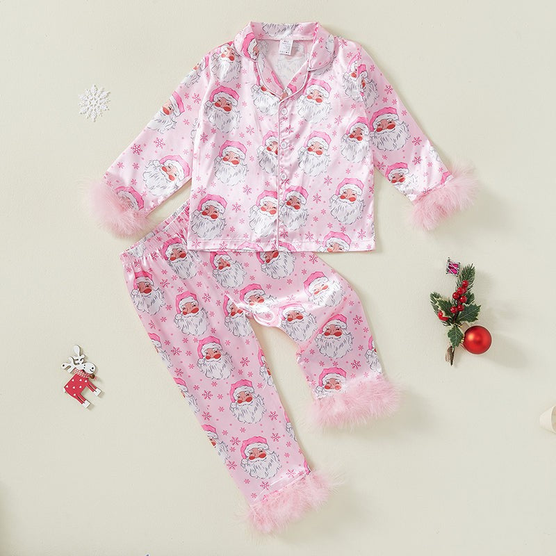 Festive Toddler Pajama Set with Fur Trim, Santa and Snowflake Prints