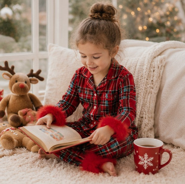 Festive Toddler Pajama Set with Fur Trim, Santa and Snowflake Prints