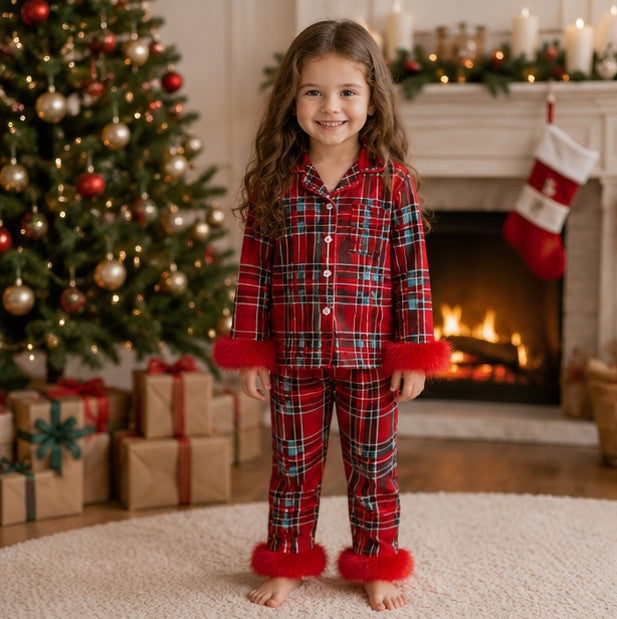 Festive Toddler Pajama Set with Fur Trim, Santa and Snowflake Prints