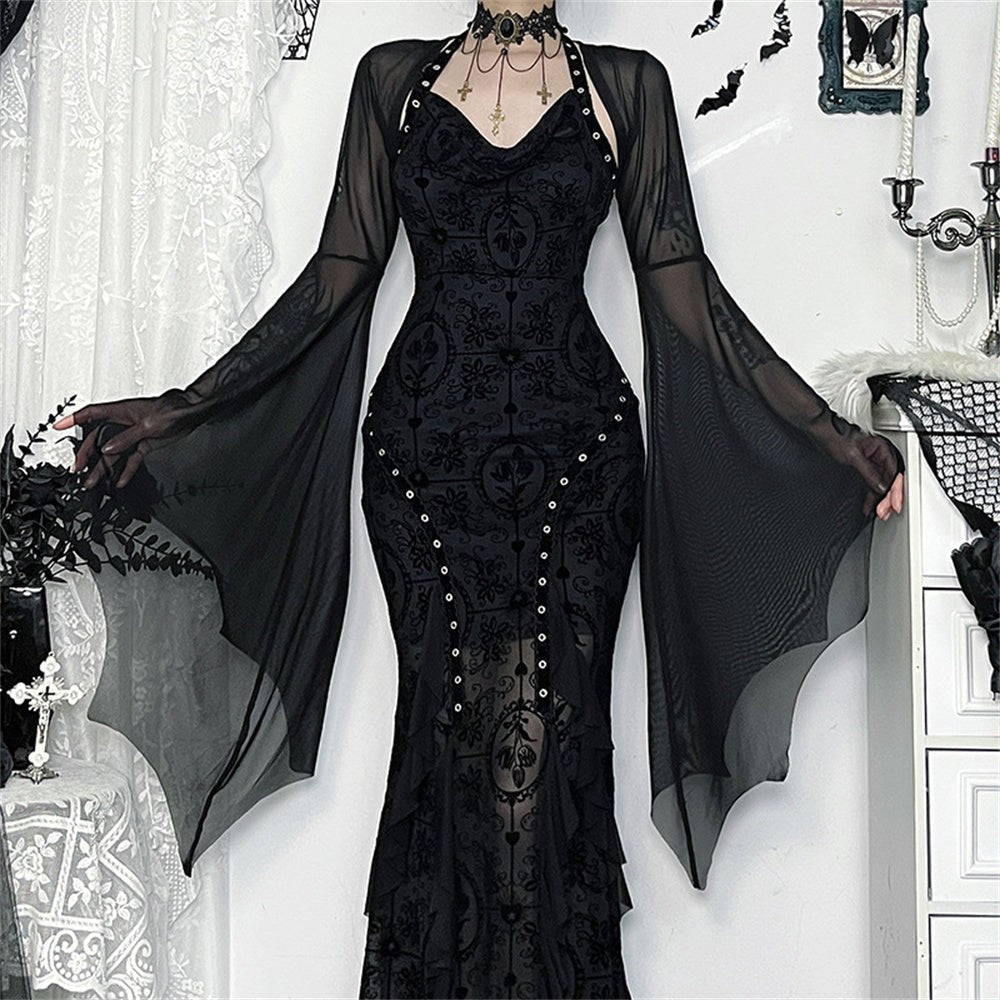 Black Mesh Crop Top with Bat Sleeves for Gothic Costume Layering All Vera Mart