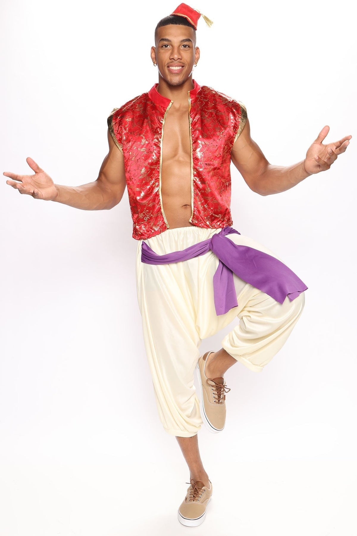 Mens Three Piece Royal Costume Set with Red Jacket and Decorative Trim
