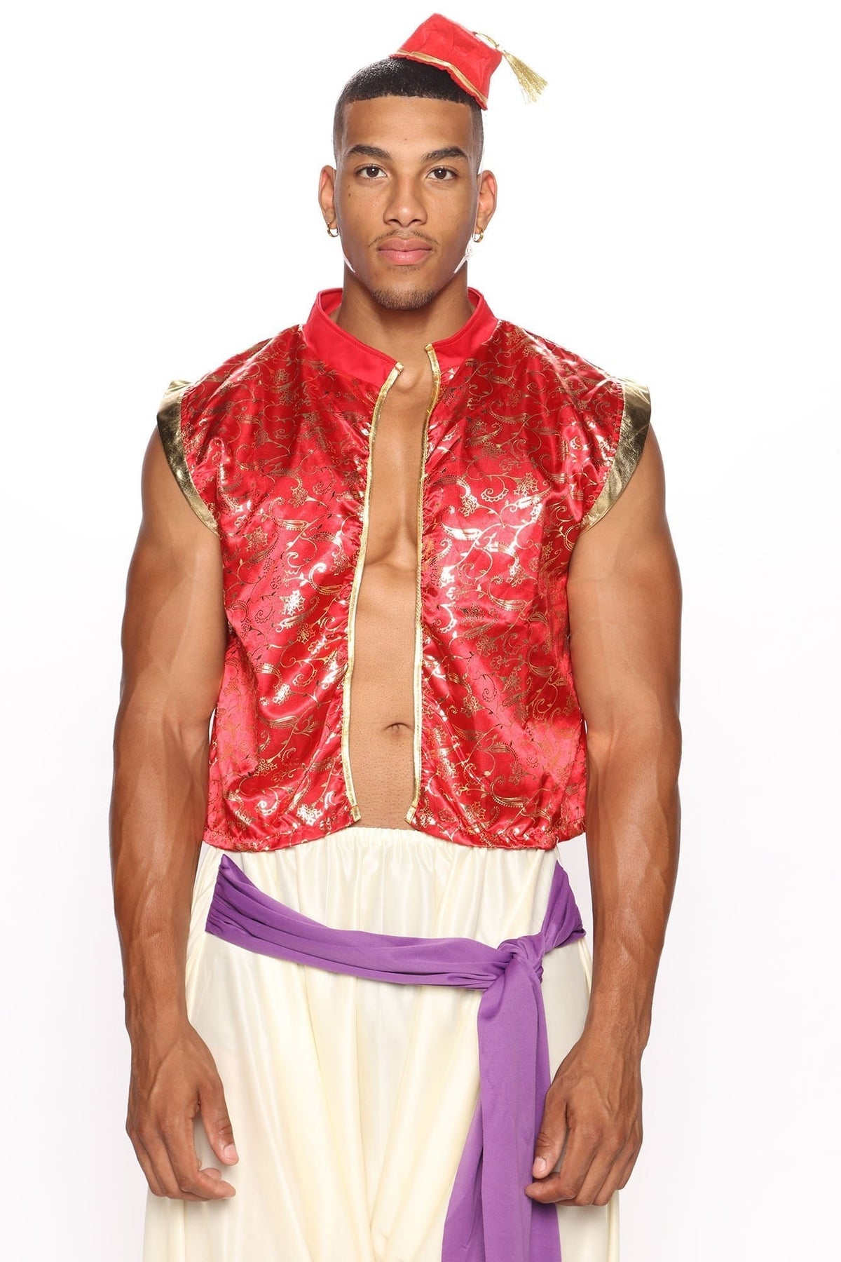 Mens Three Piece Royal Costume Set with Red Jacket and Decorative Trim
