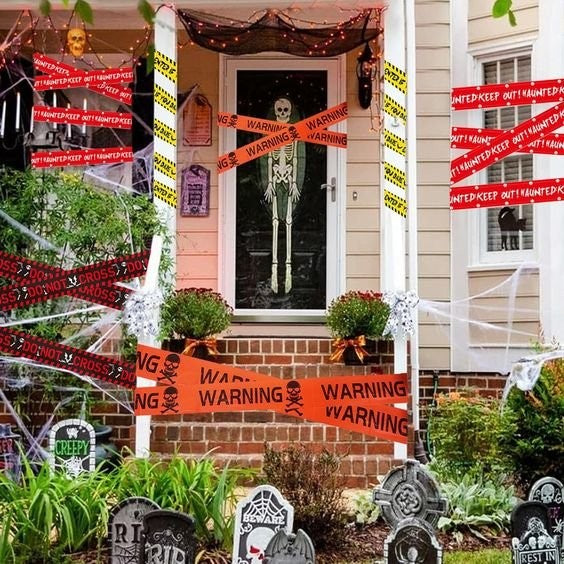 Halloween Caution Tape Rolls with Yellow and Black Warning Print, 16.4ft