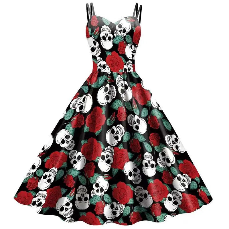 Skeleton Rose Print Dress with Fit and Flare Silhouette for Gothic Events All Vera Mart