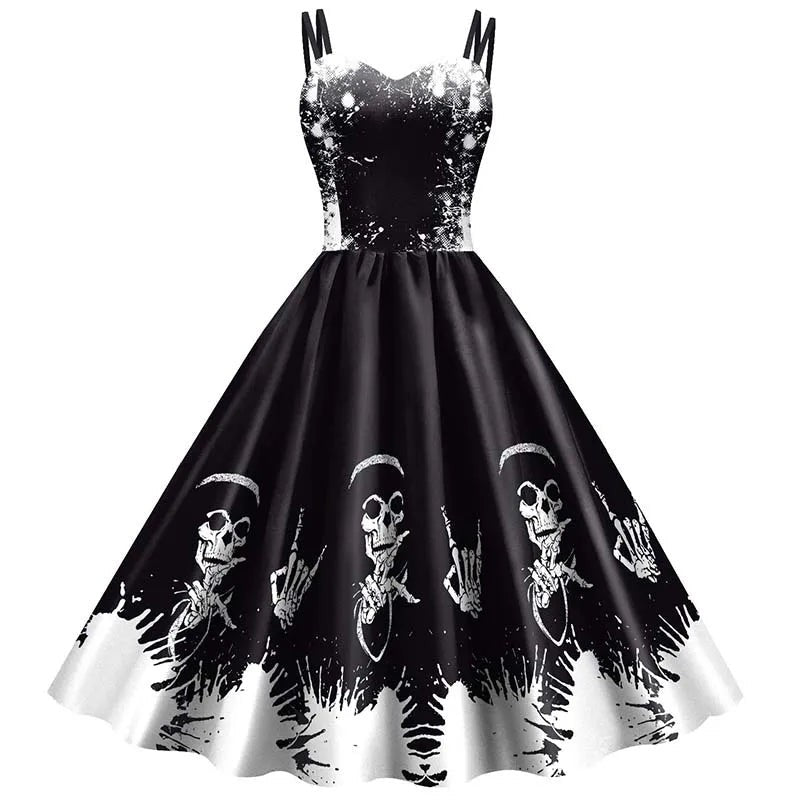 Skeleton Rose Print Dress with Fit and Flare Silhouette for Gothic Events All Vera Mart