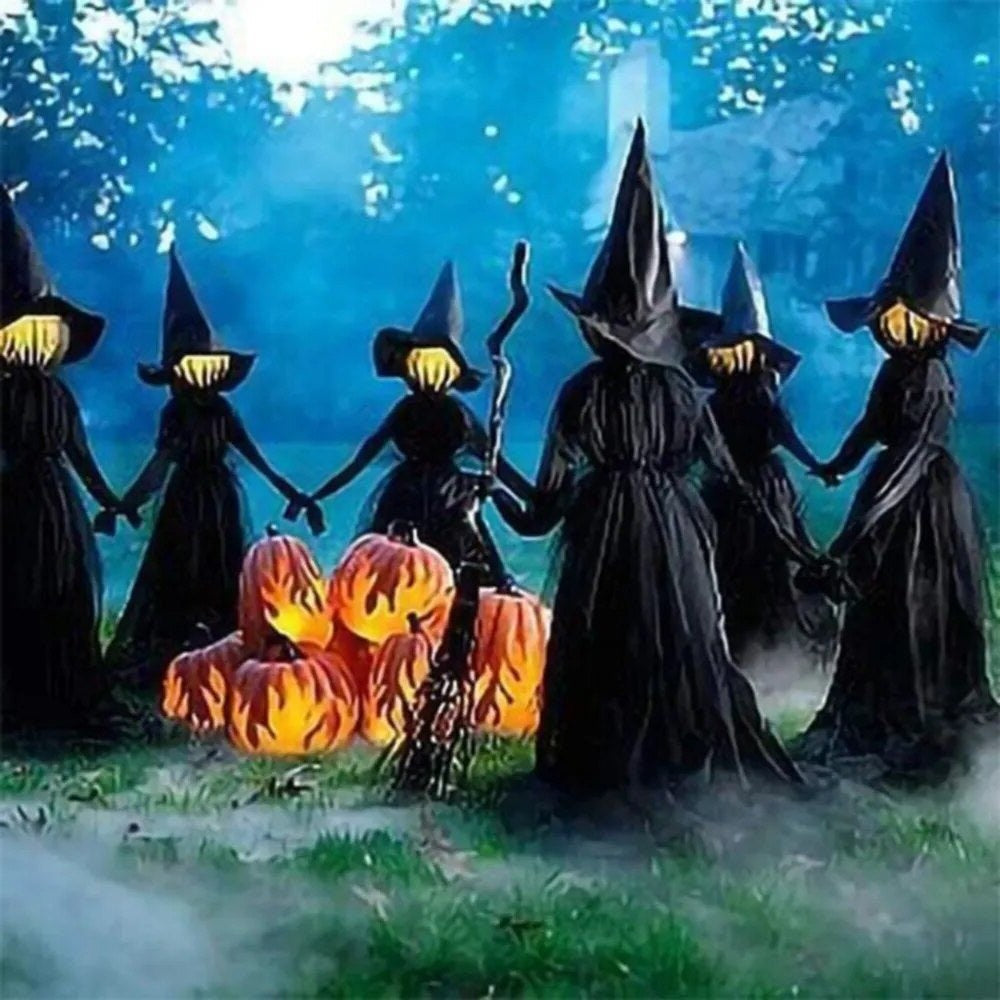 Halloween Witch Yard Decoration Set with Sound Activated Audio and Flashing Head Lights