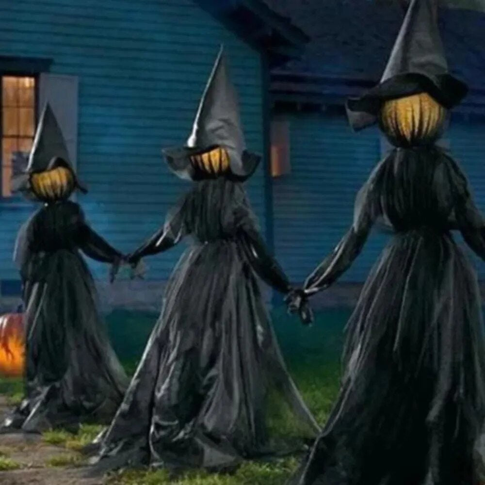 Halloween Witch Yard Decoration Set with Sound Activated Audio and Flashing Head Lights