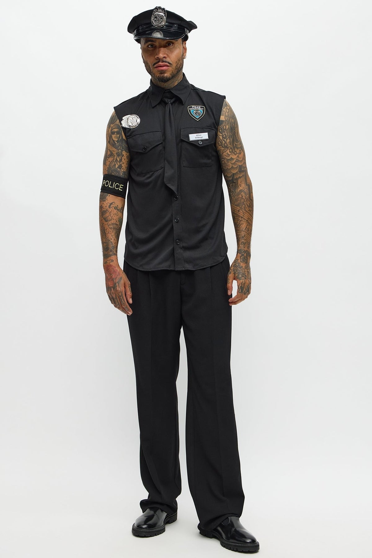 Mens Black Officer Costume Shirt and Hat Set for Themed Parties