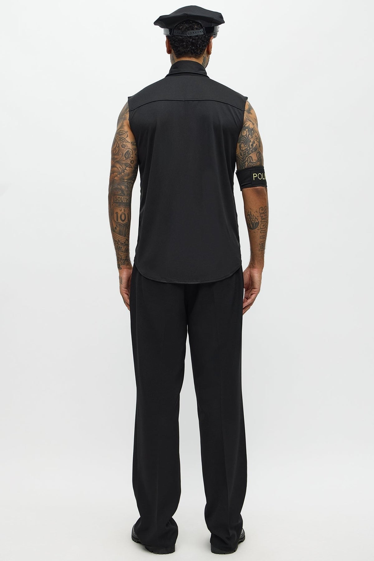 Mens Black Officer Costume Shirt and Hat Set for Themed Parties