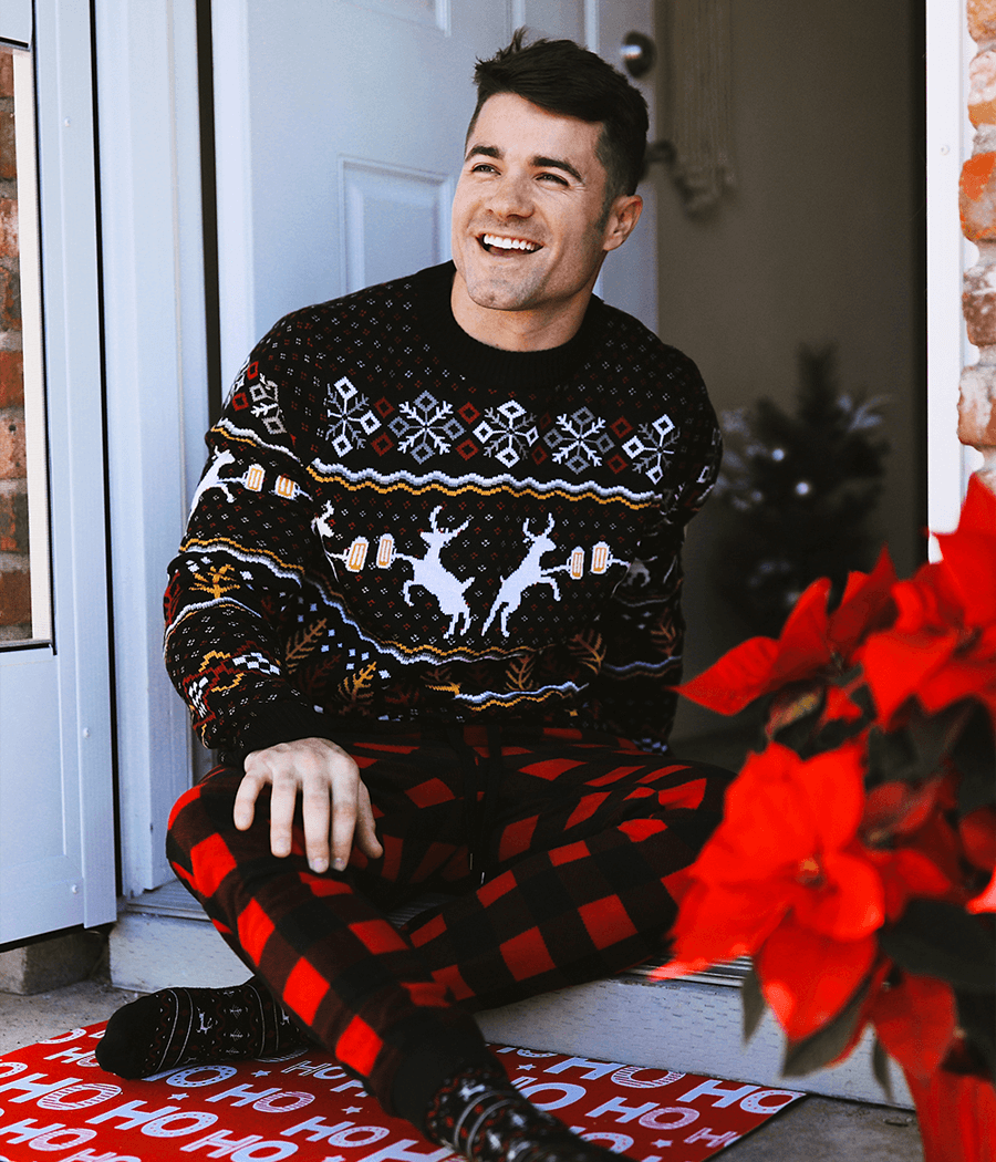 Mens Retro Ugly Christmas Sweater Featuring Deer, Beer Mugs, Trees, and Snowflakes