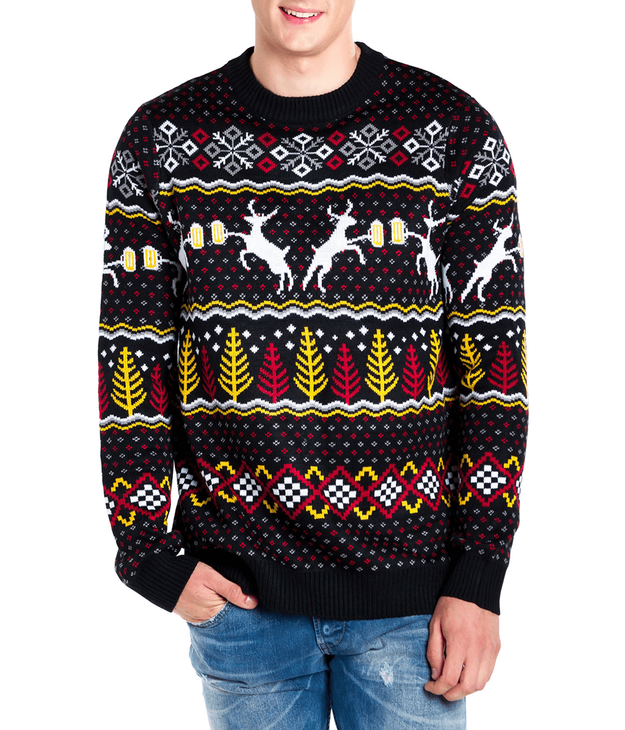 Mens Retro Ugly Christmas Sweater Featuring Deer, Beer Mugs, Trees, and Snowflakes