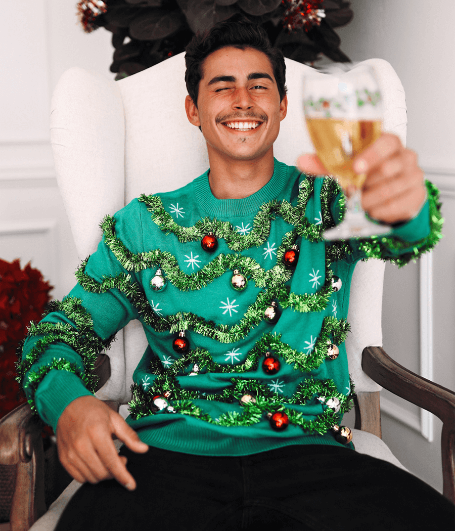 Mens Ugly Garland Christmas Sweater with Shiny Baubles and Tinsel Trim, Green Tree Design